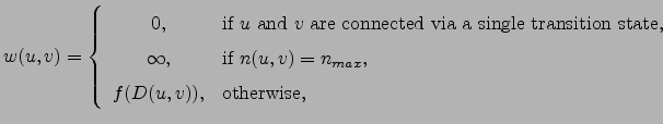 $\displaystyle w(u,v)=\left\{ \begin{array}{cl} 0, & \text{if $u$\ and $v$\ are ...
...text{if~} n(u,v)=n_{max}, \\ f(D(u,v)), & \text{otherwise,} \end{array} \right.$