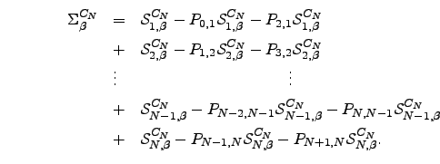 $\displaystyle \mathcal{S}^{C_N}_{j,\beta}-\mathcal{S}^{C_N}_{j-1,\beta} P_{j,j-1}-\mathcal{S}^{C_N}_{j+1,\beta} P_{j,j+1} =0,$